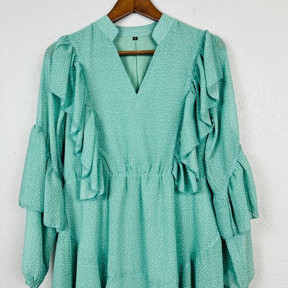 Tiered Dress Polka Dot V Neck Long Sleeve Mint Green - S - Picture 2 of 7